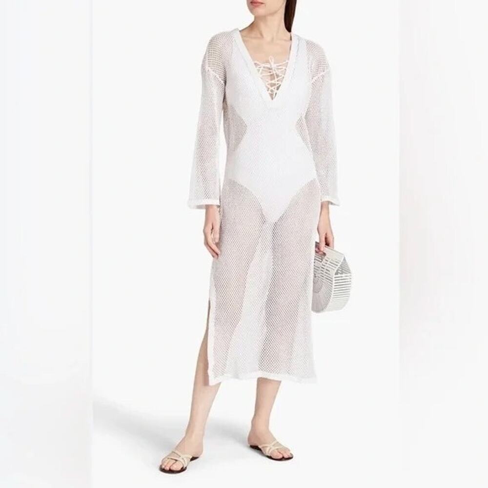 SeaFolly Coverup S Crochet Mesh Swim Ivory Lace Up‎ 100% Cotton Mesh Boho Resort